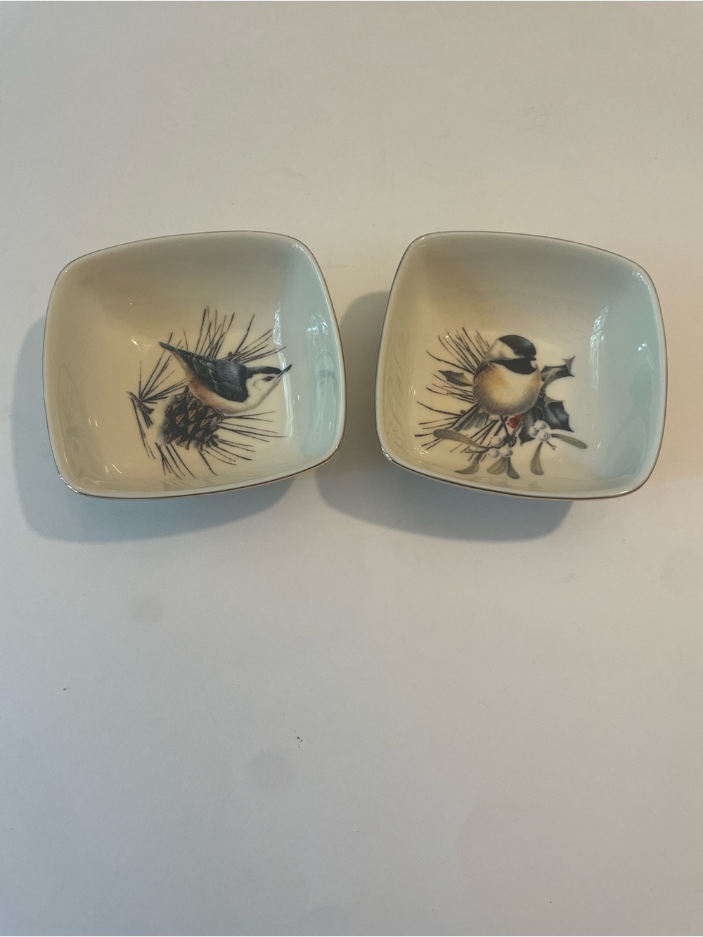 Lenox Winter Greetins China Trinket Dishes with Chickadee/Nuthatch Birds .